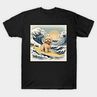 Funny Mini Goldendoodle Surfing in Vintage The Great Wave Off Kanagawa T-Shirt